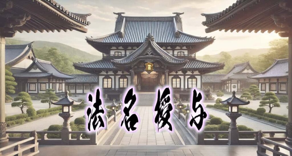 お寺の風景に、筆文字で書かれた「法名授与」タイトル画像