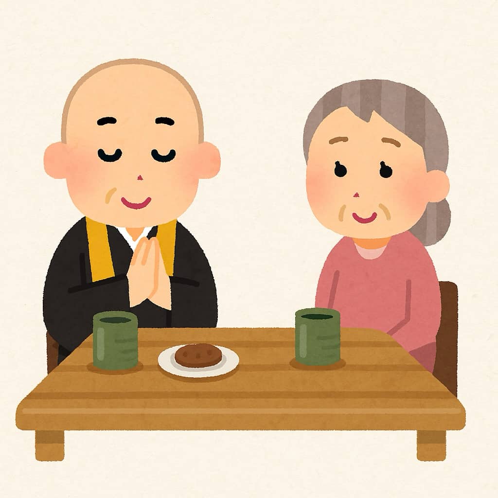 49日法要の会食をお菓子でゆっくり語り合うイメージイラスト画像