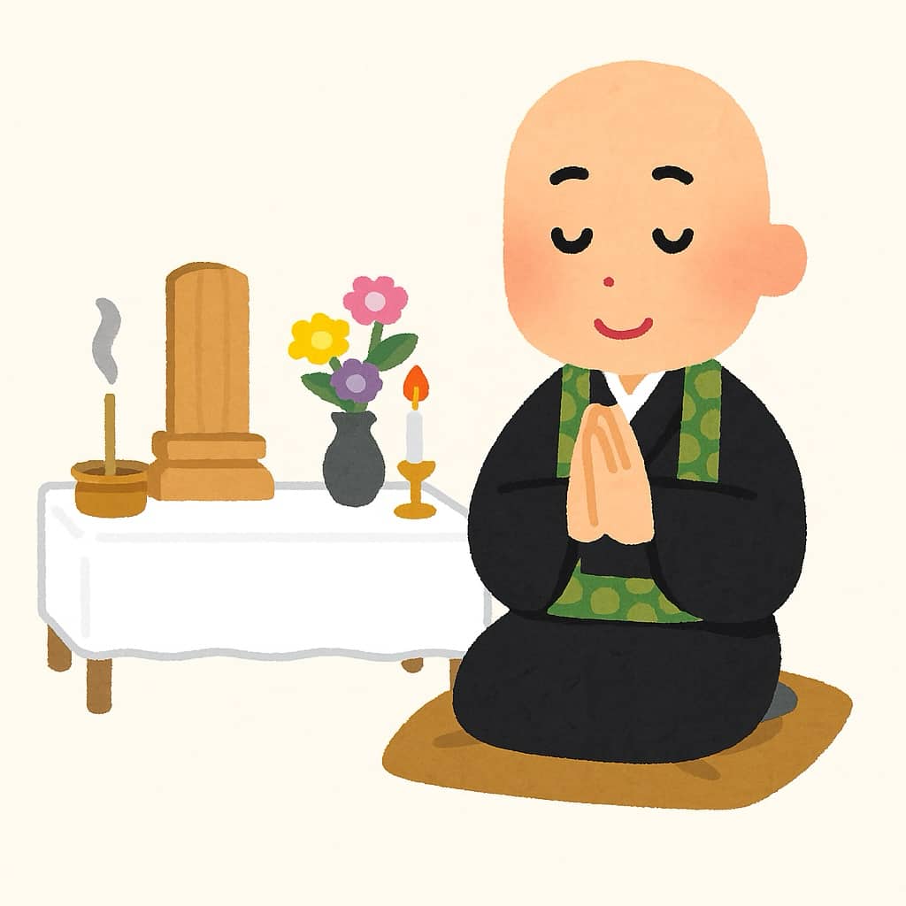 49日法要のイメージ、イラスト画像。中院祭壇と出張お坊さんを描いた画像。