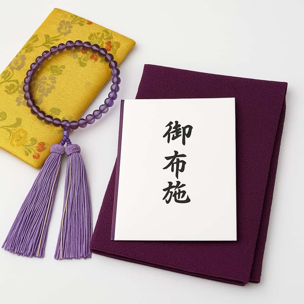 数珠と袱紗の上に置かれたお布施袋の画像
