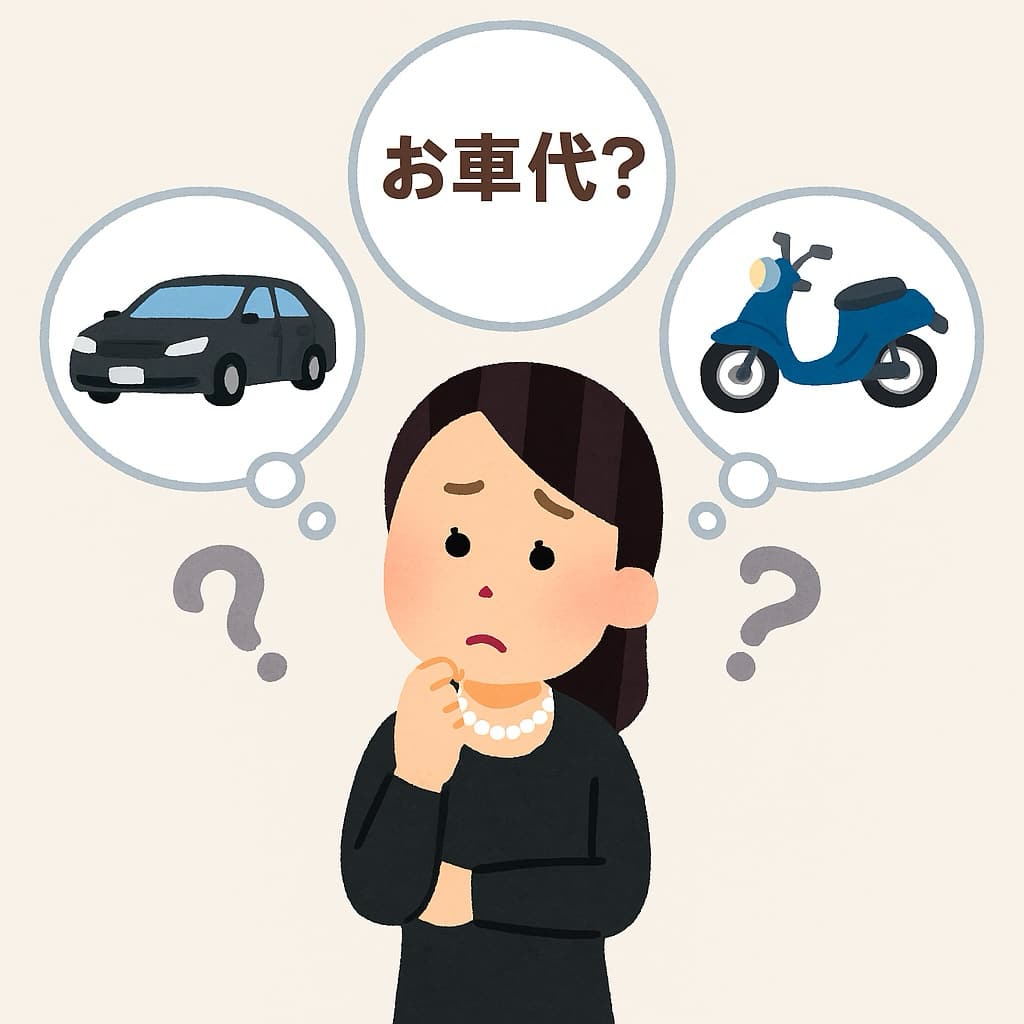 法要のお車代について悩んでいる女性を描いたイラスト画像。