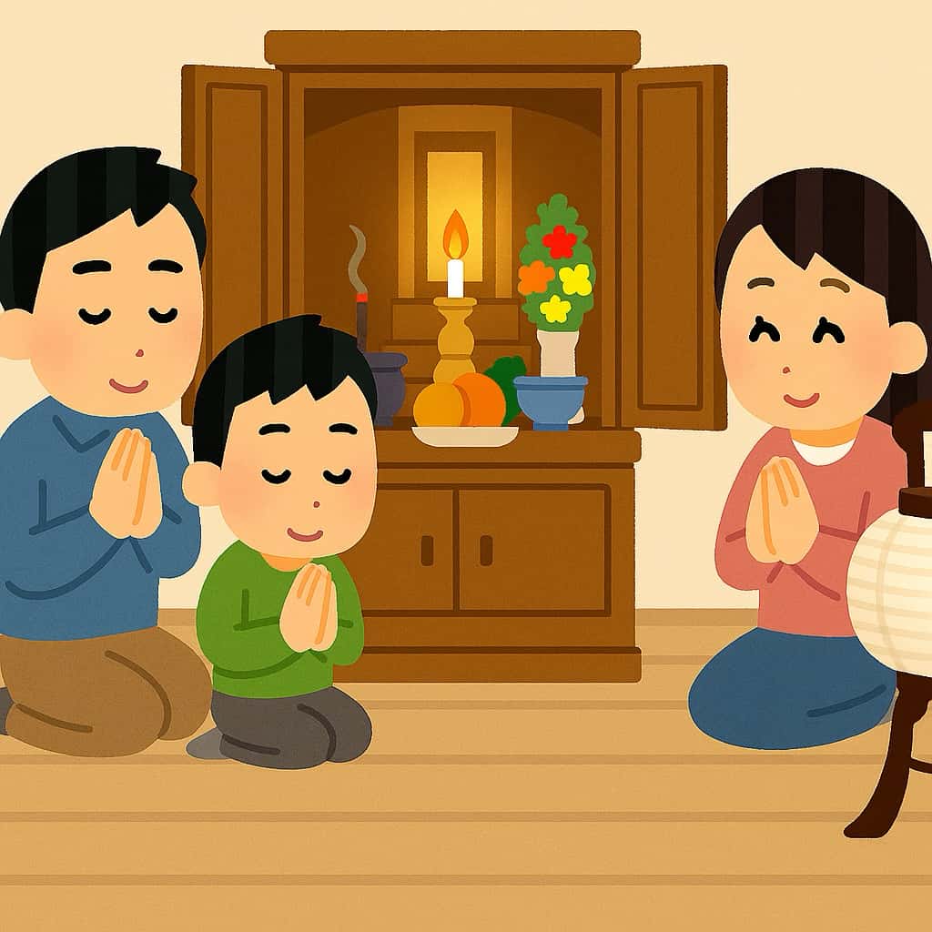 盂蘭盆会にお仏壇の前で手を合わせてお念仏する家族のイラスト画像