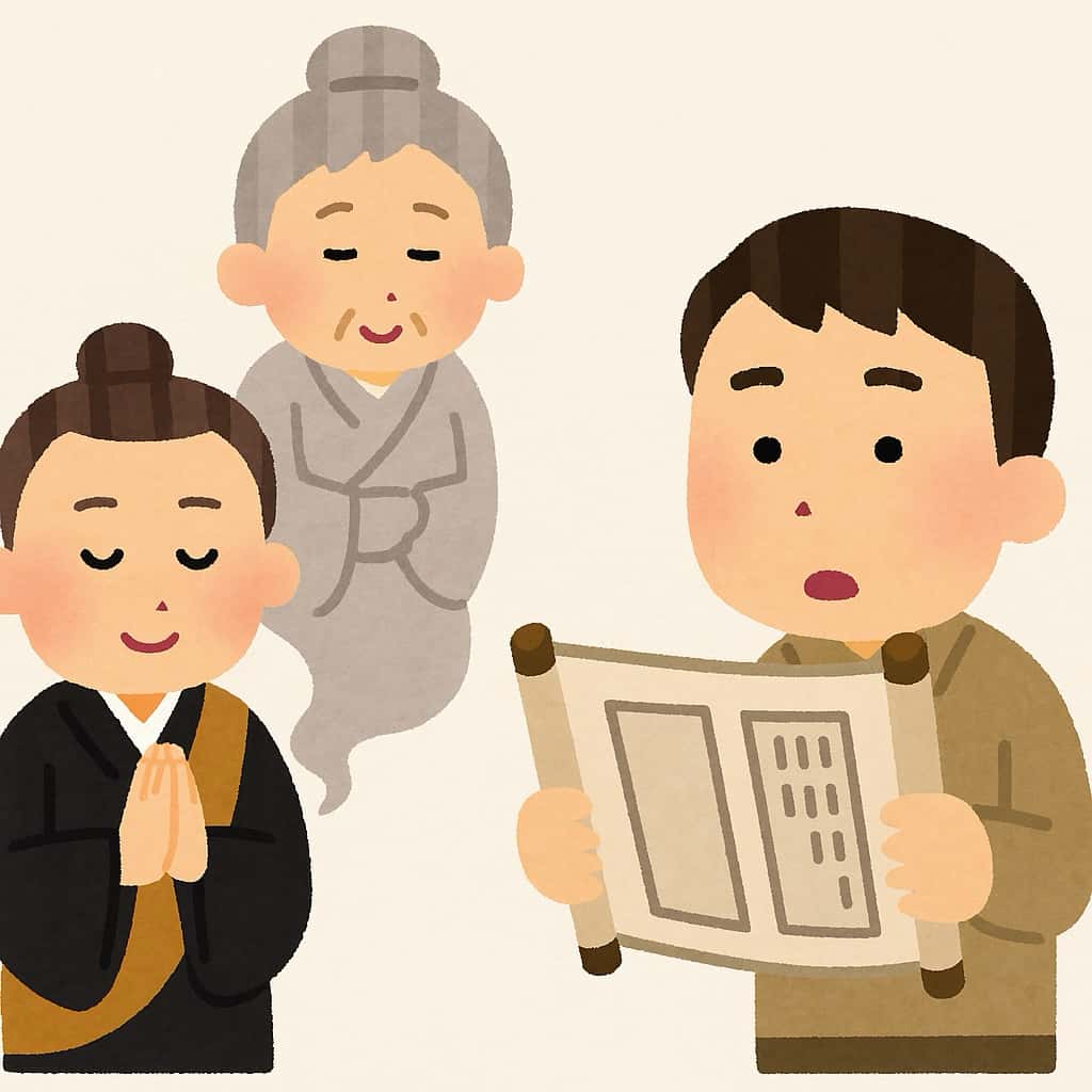 仏説盂蘭盆経と世間の考え方のズレを表現したイラスト画像