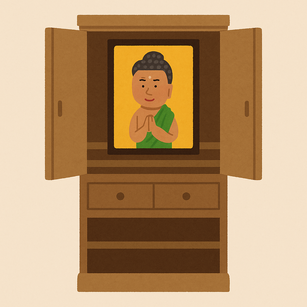 食器棚を仏壇として使用している譬え話のイラスト画像