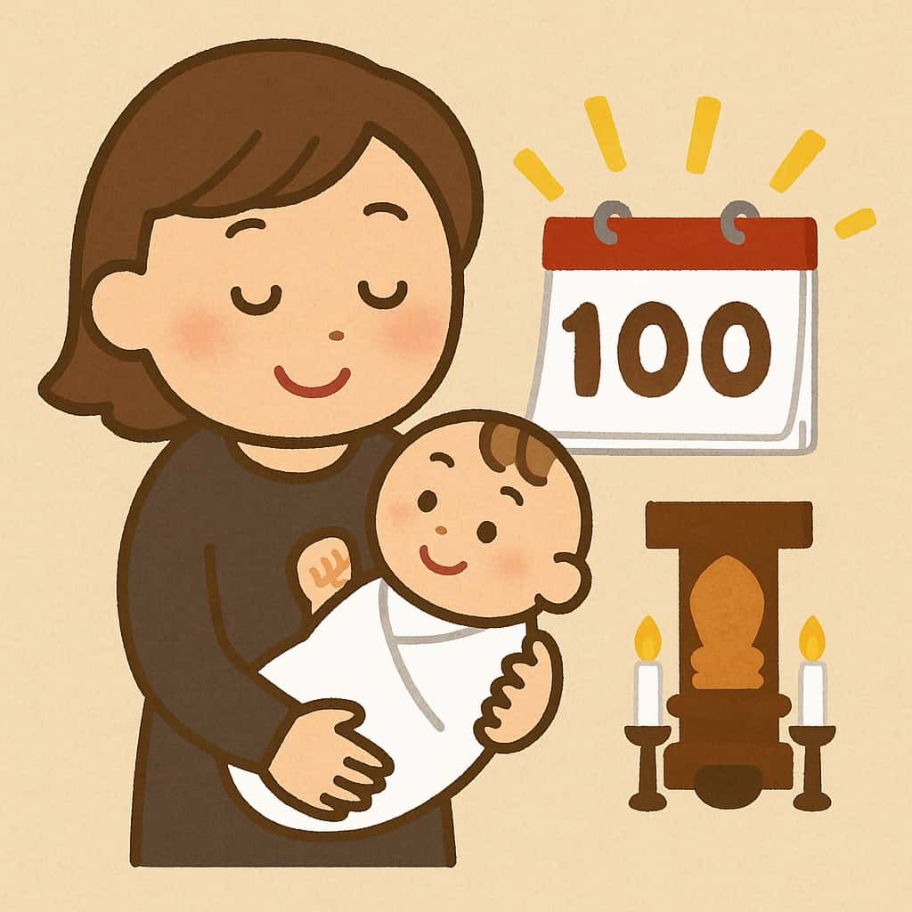 産後百日には母の体調が回復し、赤ちゃんの首もすわる時期の説明イラスト画像