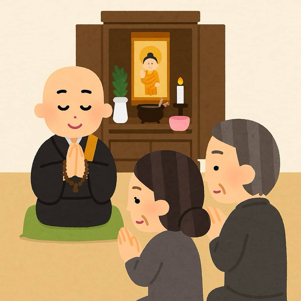 三回忌の数え方をご家族に説明している出張お坊さんイラスト画像