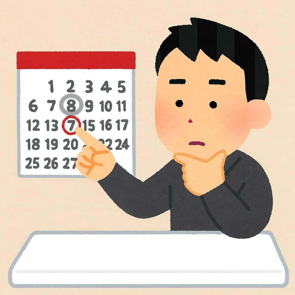 カレンダーを見て四十九日法要までの日数を数えている男性のイラスト画像