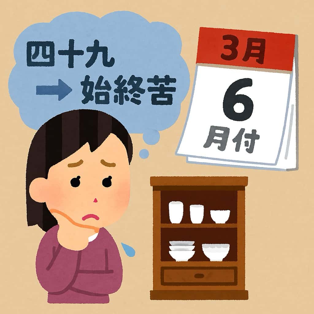 49日が三月にまたがるのをカレンダーを見て心配している女性のイラスト画像