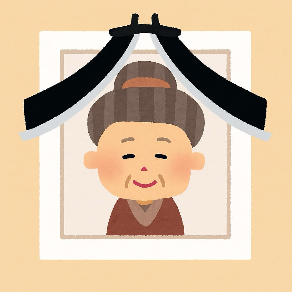 黒いリボンがついてる忌中の遺影写真のイラスト画像