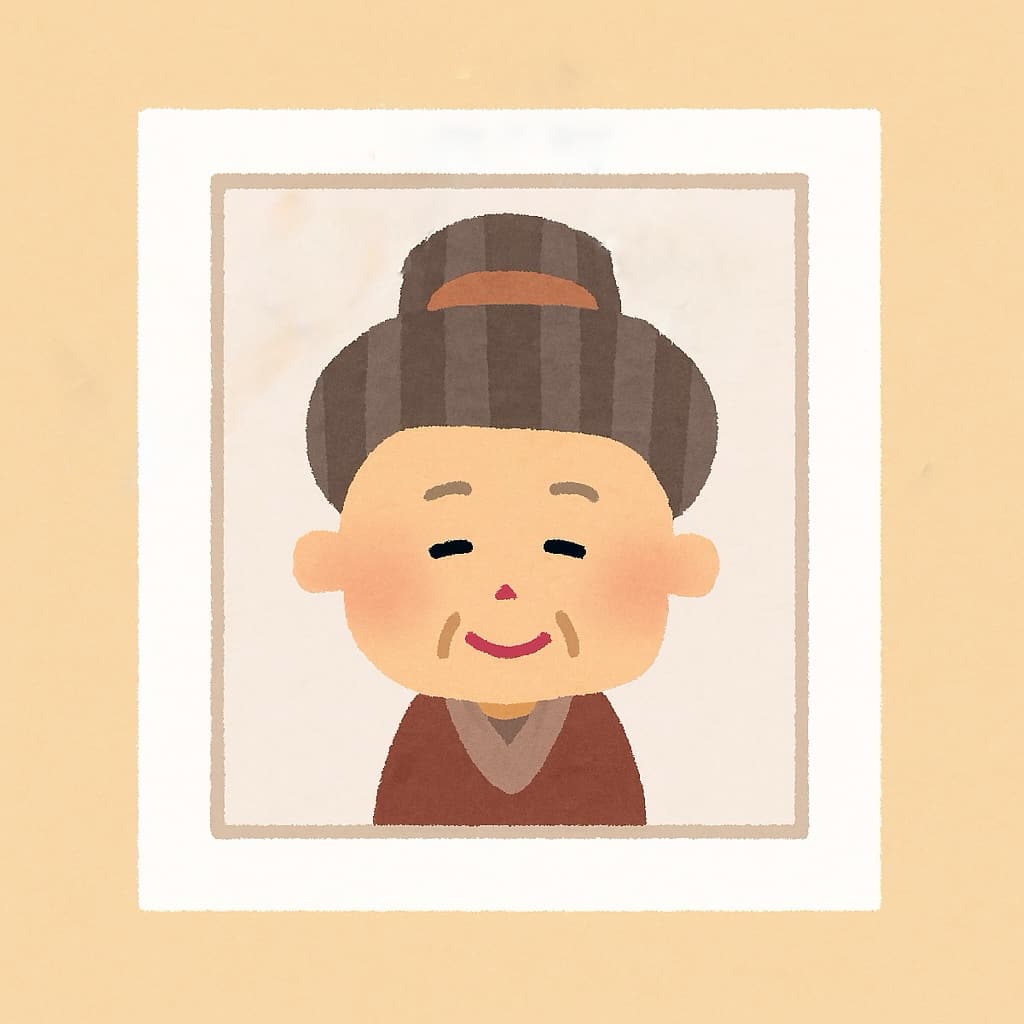 49日が終わり忌中の黒いリボンを外した遺影写真のイラスト画像