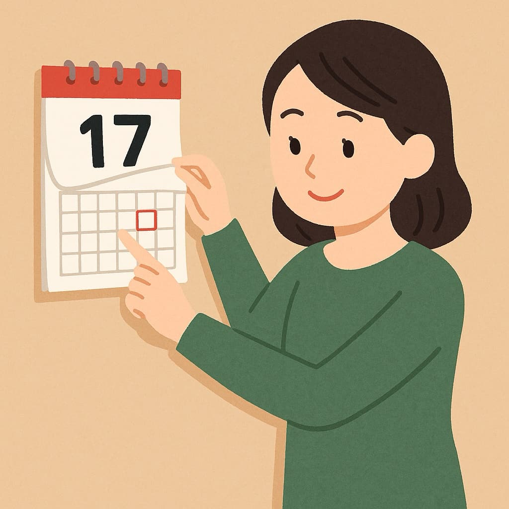 法要の日程をカレンダーを見ながら考える女性 イラスト画像