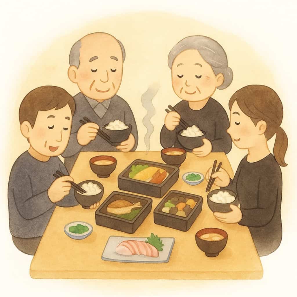 三回忌法要を終えてから、会食をしているイラスト画像