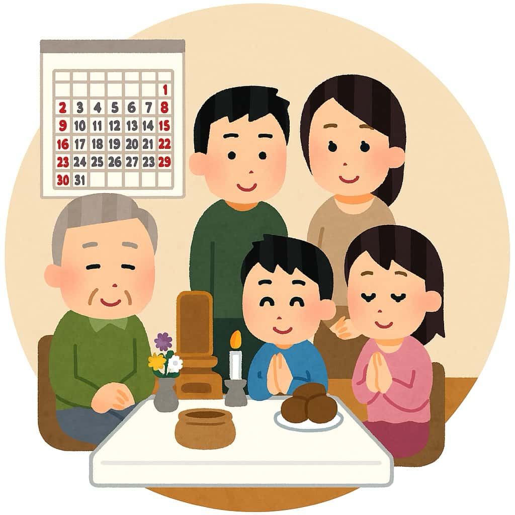 家族揃って法要をするイラスト画像