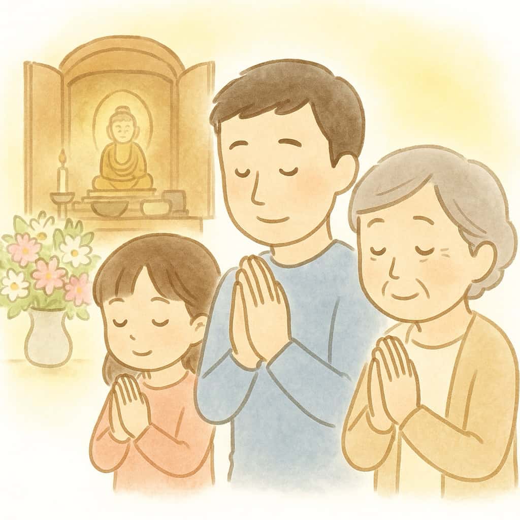 百箇日法要で家族揃って合掌されている風景。