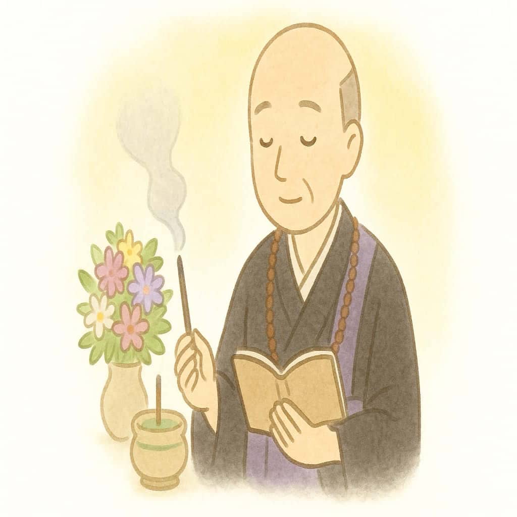お坊さんが百箇日法要の読経をしている風景