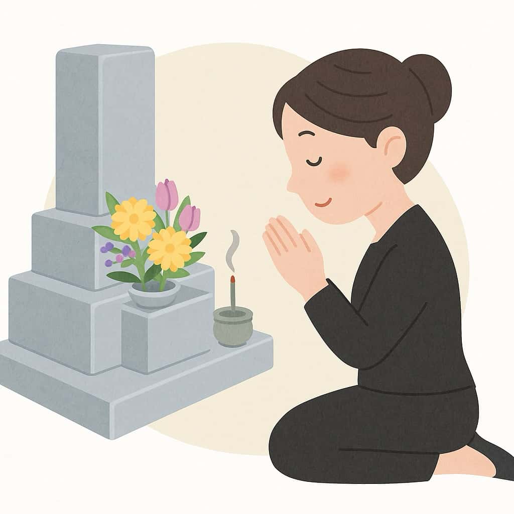 女性が百箇日にお墓の前で合掌している姿