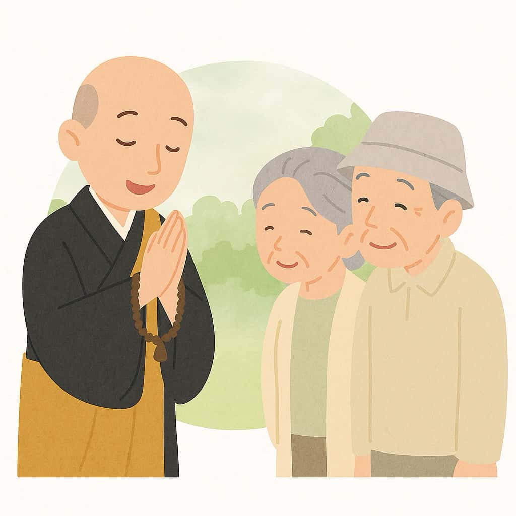 ご高齢のご夫婦が、お坊さんの百箇日法要の説法を聞いている様子