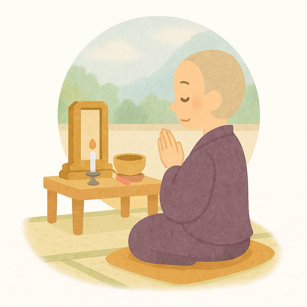 お坊さんがお位牌に向かって合掌している姿
