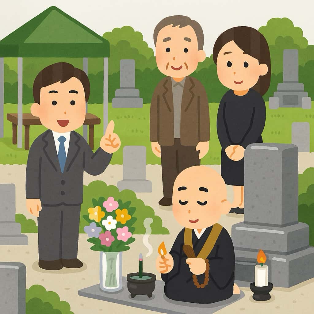 建碑法要と納骨法要は石材店の立ち合いが必要 イメージイラスト画像