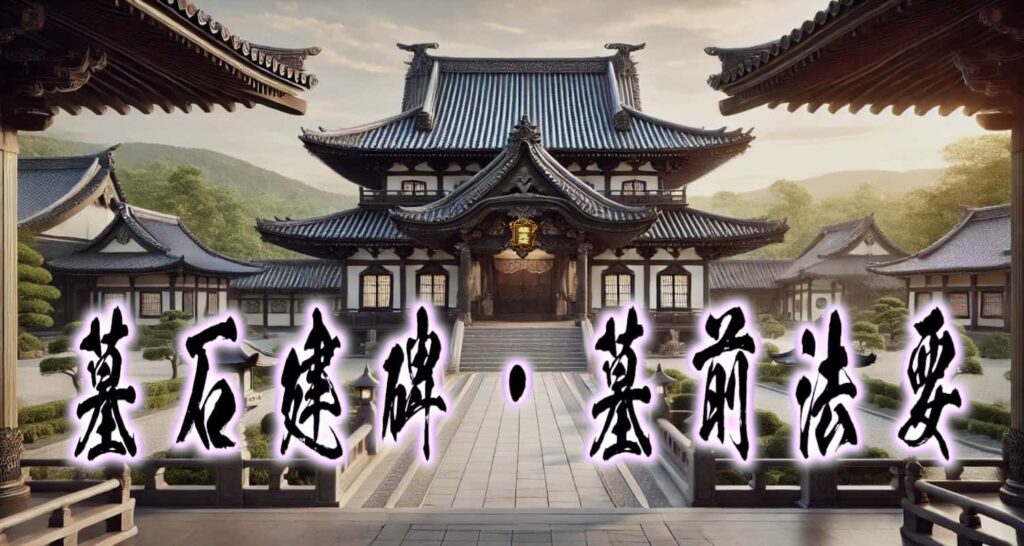 お寺の風景に、筆文字で書かれた「墓石建碑・墓前法要」タイトル画像