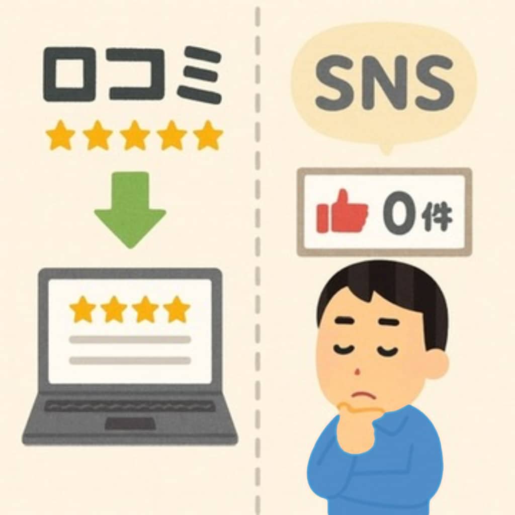 口コミでは自作自演でいい評価ばかりで、SNSは反応なしを説明するイラスト画像