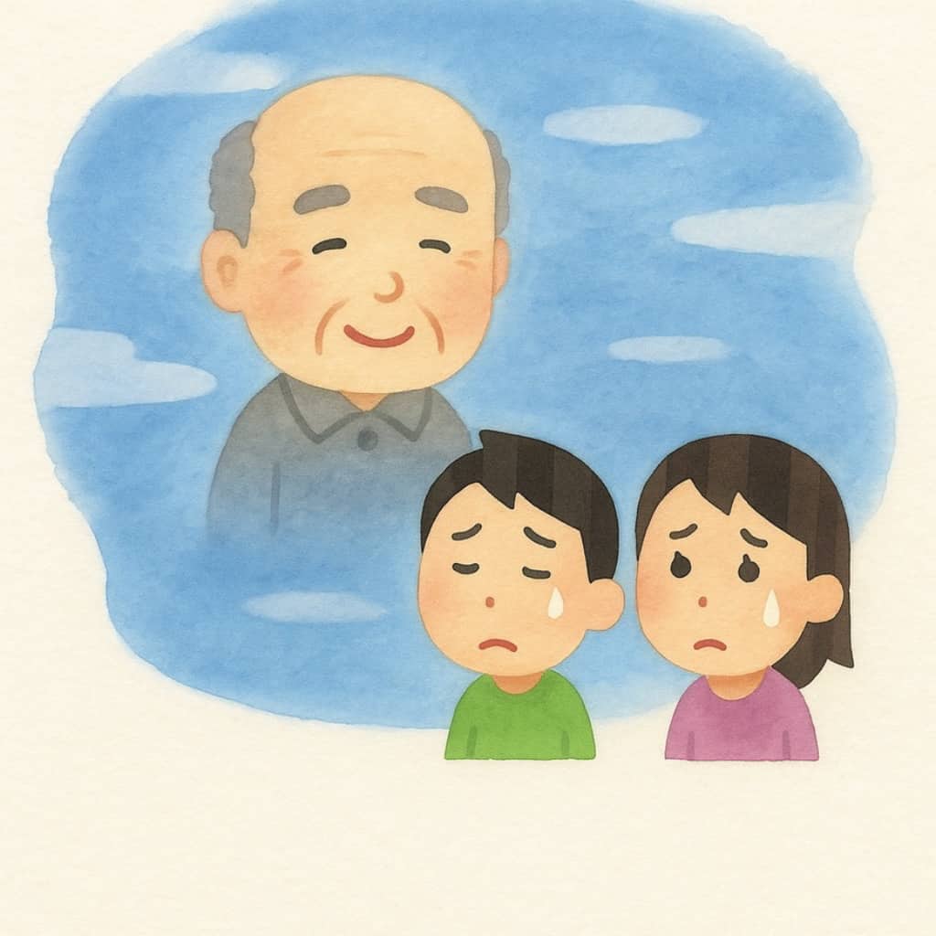 お父さんのことを偲んで涙する男女のイラスト画像