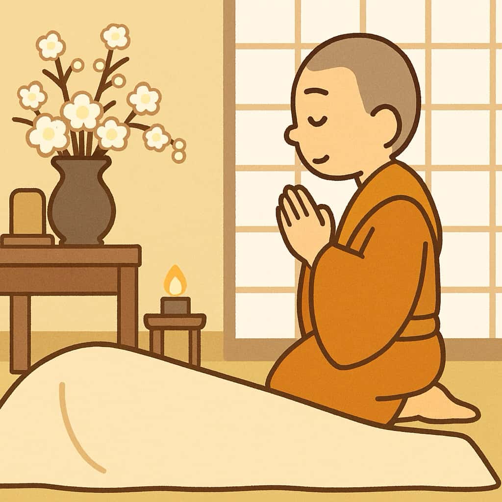 枕経をお勤めしているお坊さんイラスト画像