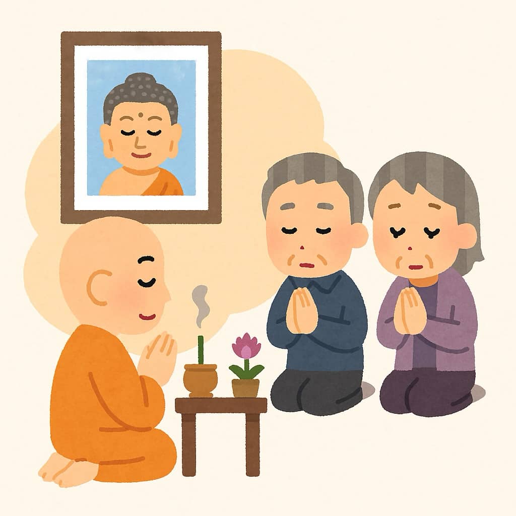 仏様の前で臨終勤行を行なっているイラスト画像