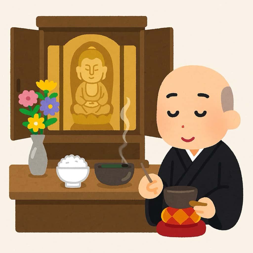 お仏壇のお花は生花・お線香は立てずに寝かす・おりんの鳴らす回数は1回←説明イラスト画像
