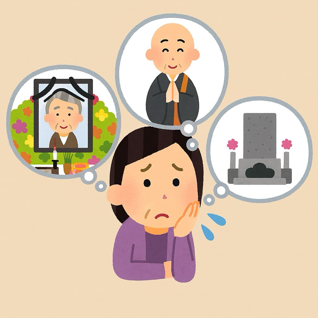 法要場所を悩んでいる女性の姿 イラスト画像