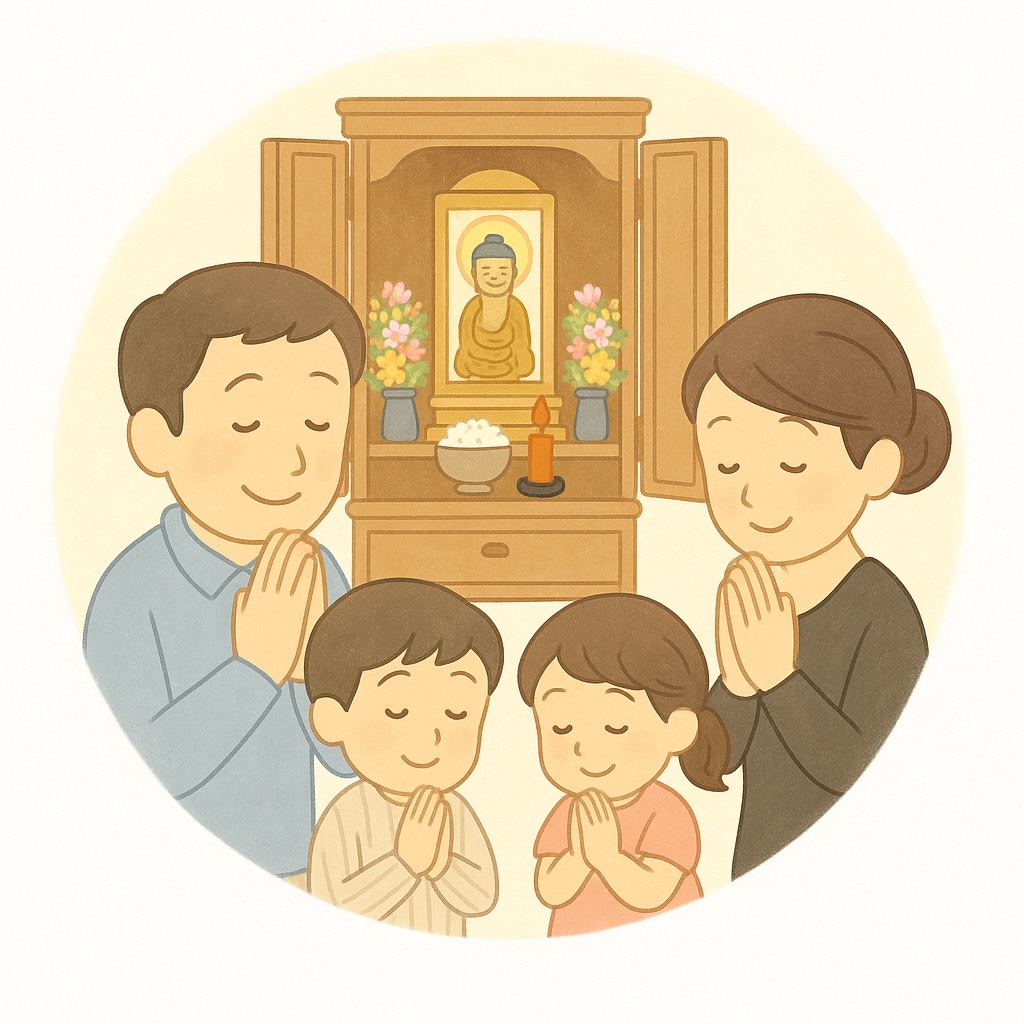 入仏式を家族で行なっているイメージイラスト画像