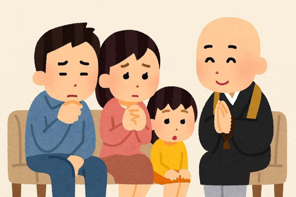 お寺を変えたいというご家族の相談にお坊さんが相談にのっている風景イラスト画像