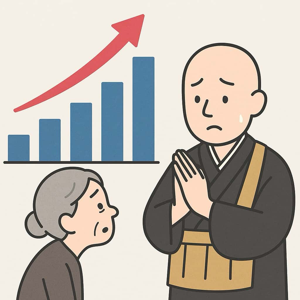 僧侶派遣会社のお布施という名目の料金の値上げを示すイラスト画像