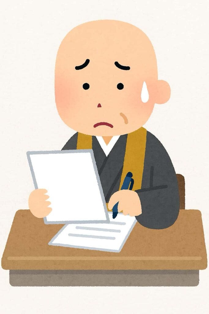 会社員僧侶がお布施のキックバックの計算をしている様子のイラスト画像