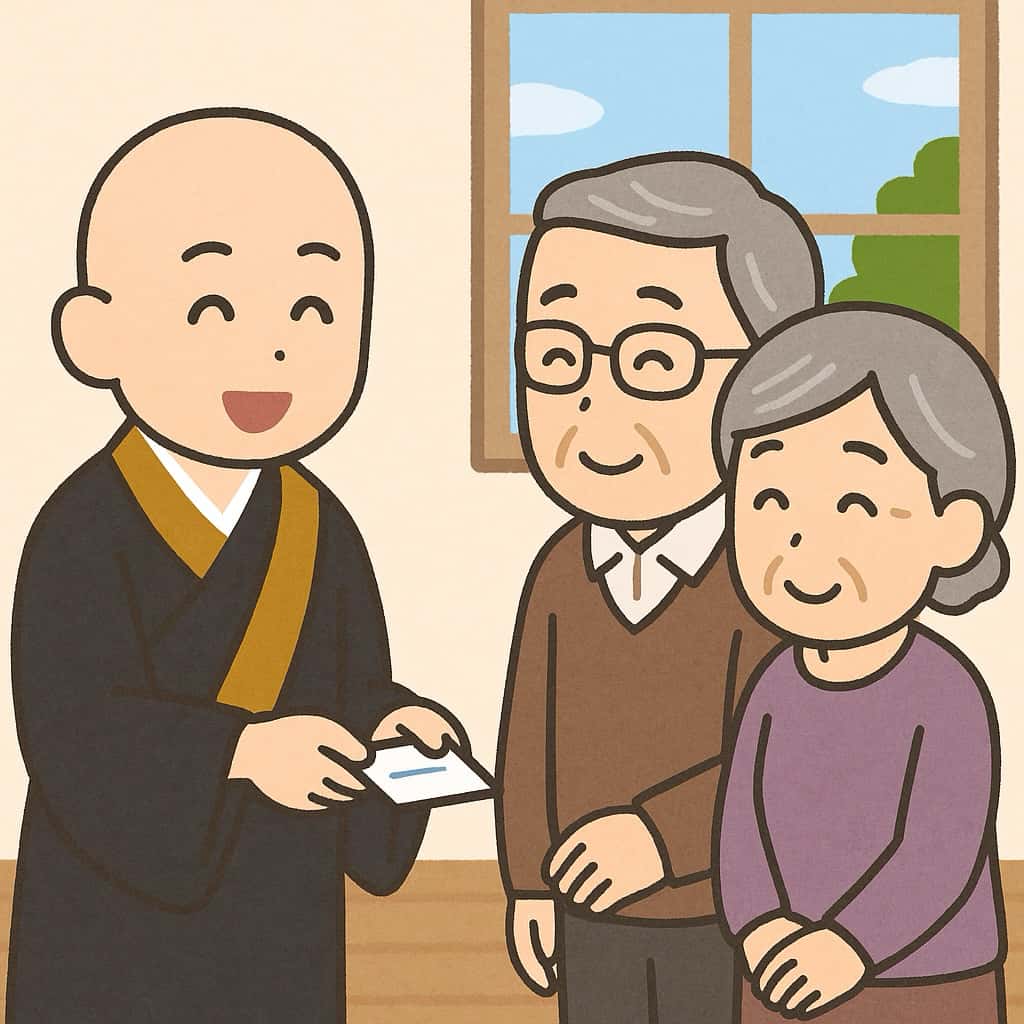 お坊さんから名刺をもらう老夫婦のイラスト画像