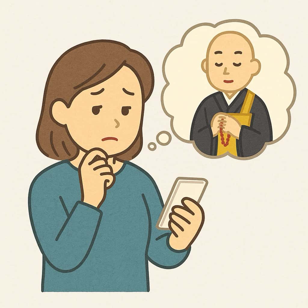 ショートメッセージで法要のキャンセルをしている女性のイラスト画像