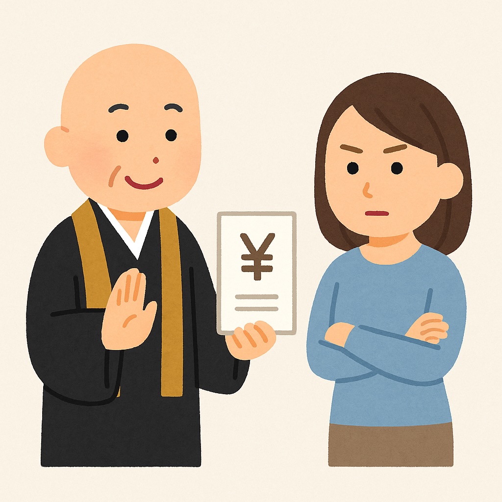お坊さんに請求されたキャンセル料を凛とした態度でお断りしている女性のイラスト画像