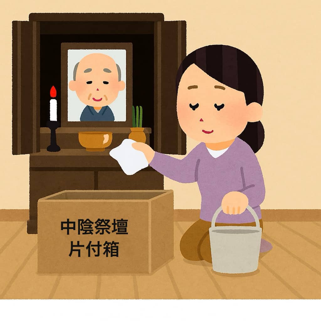 49日後に女性が中陰祭壇を片付けているイラスト画像