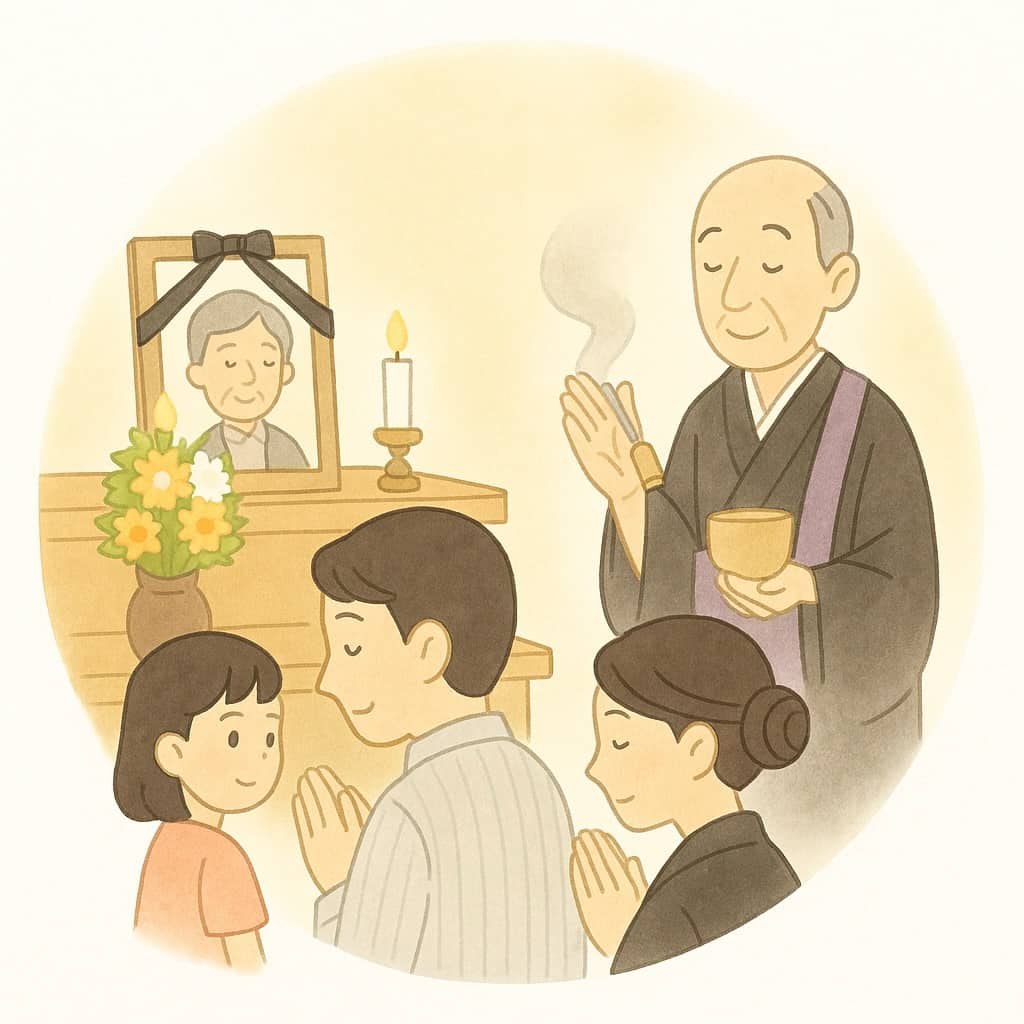 祥月命日にお坊さんが読経して、家族で手を合わせている画像