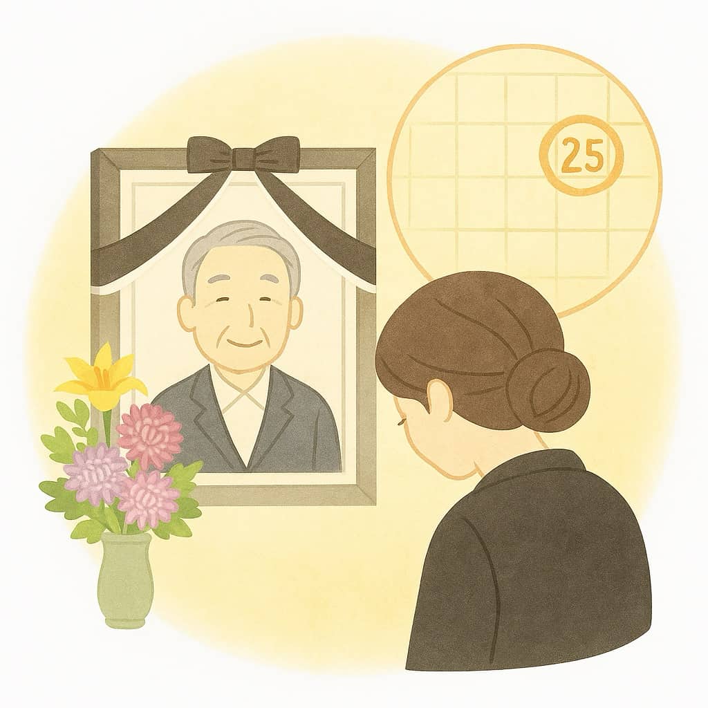 祥月命日に遺影に向かって女性が礼拝している画像