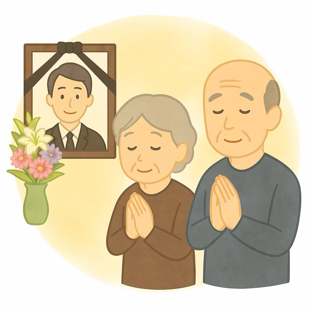 祥月命日にご両親が息子様の遺影に向かって合掌している画像