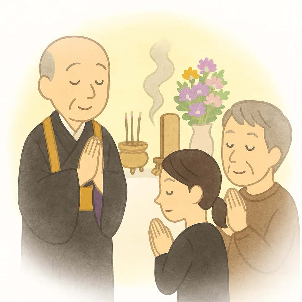 祥月命日にお坊さんのご説法を頂いてるシーンの画像