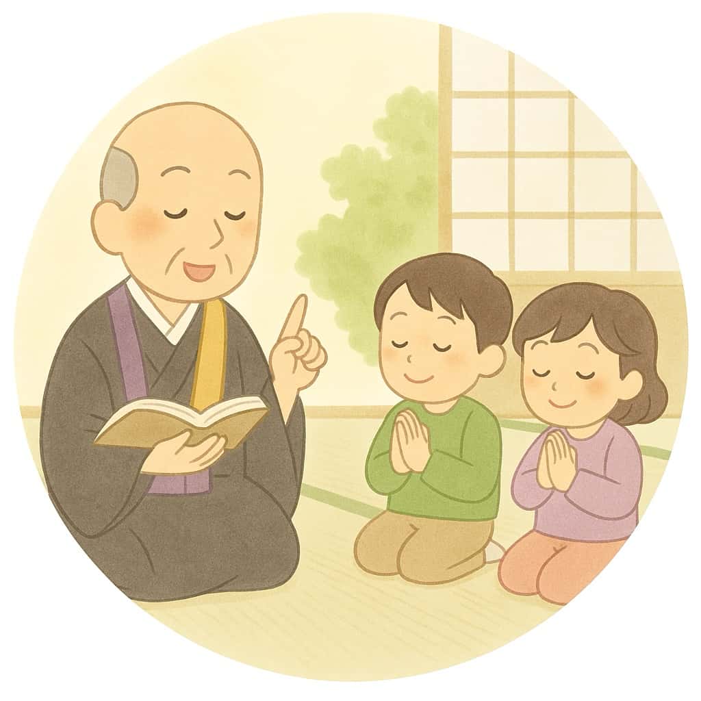 祥月命日にお坊さんが子供達にお話をされている画像