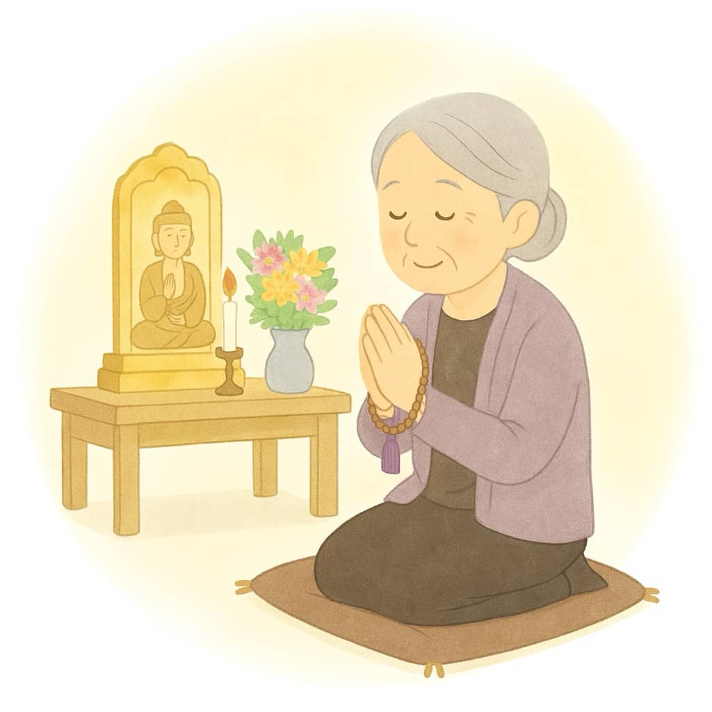 祥月命日に仏像に向かって合掌礼拝している画像