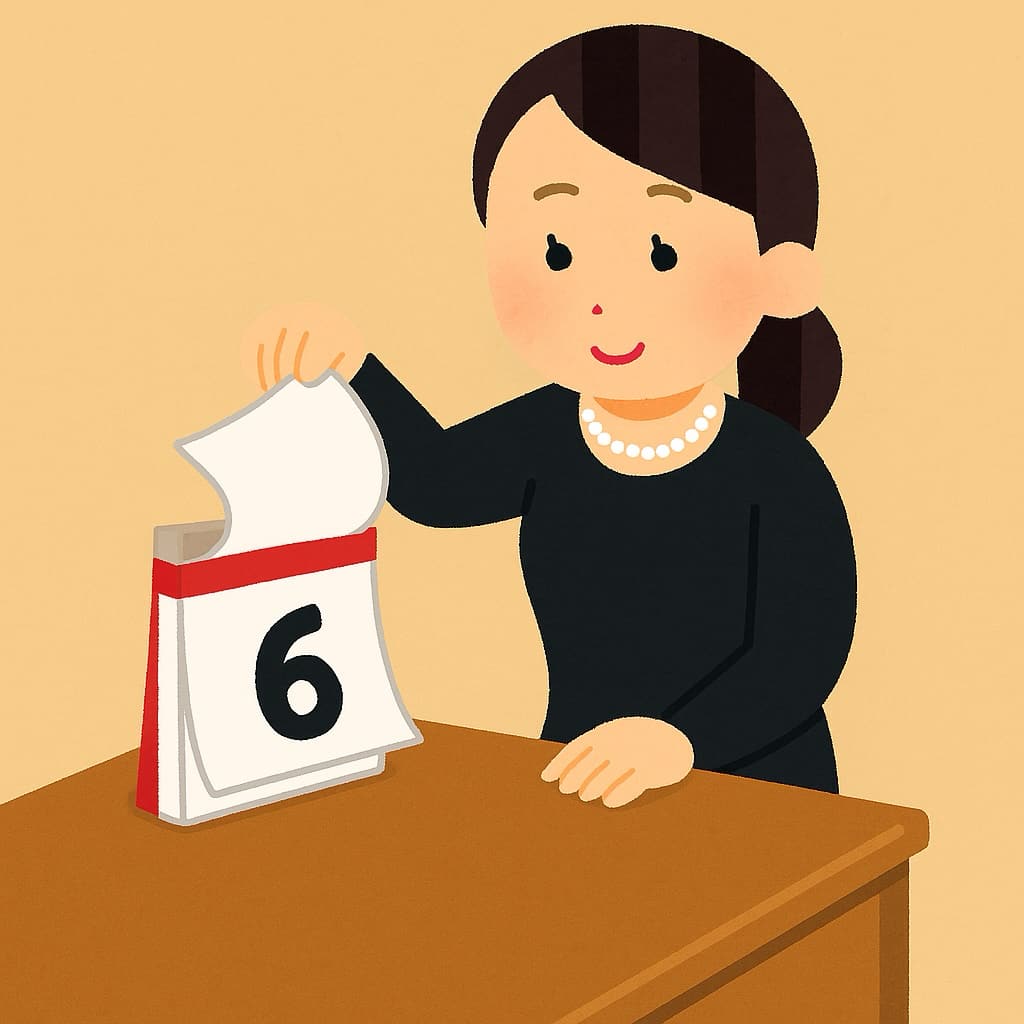 カレンダーを見ながら月命日を確認している女性 イラスト画像