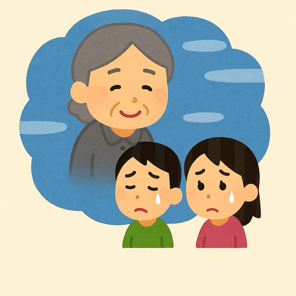 49日に孫の男の子と女の子がお婆ちゃんを思い出している風景