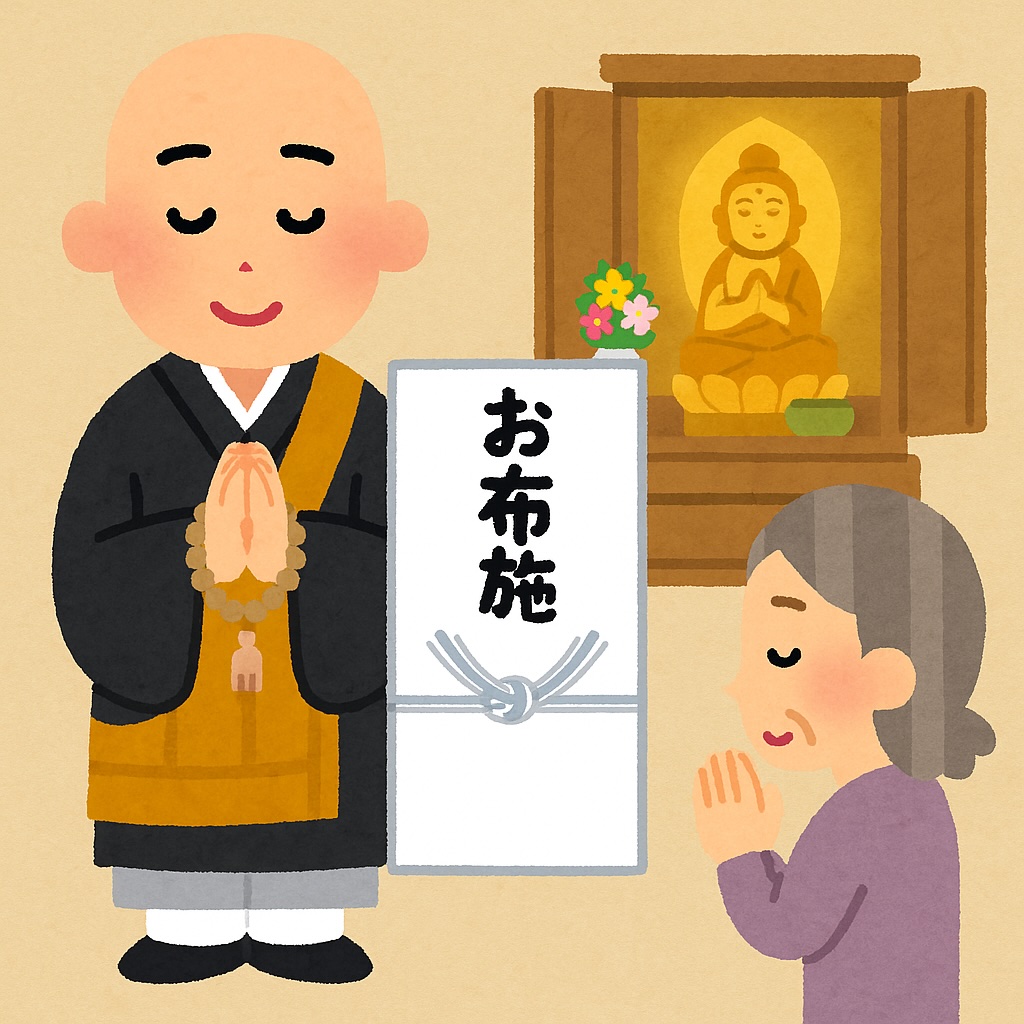 お坊さんとお仏壇・お布施袋と合掌しているお婆ちゃんのイラスト画像