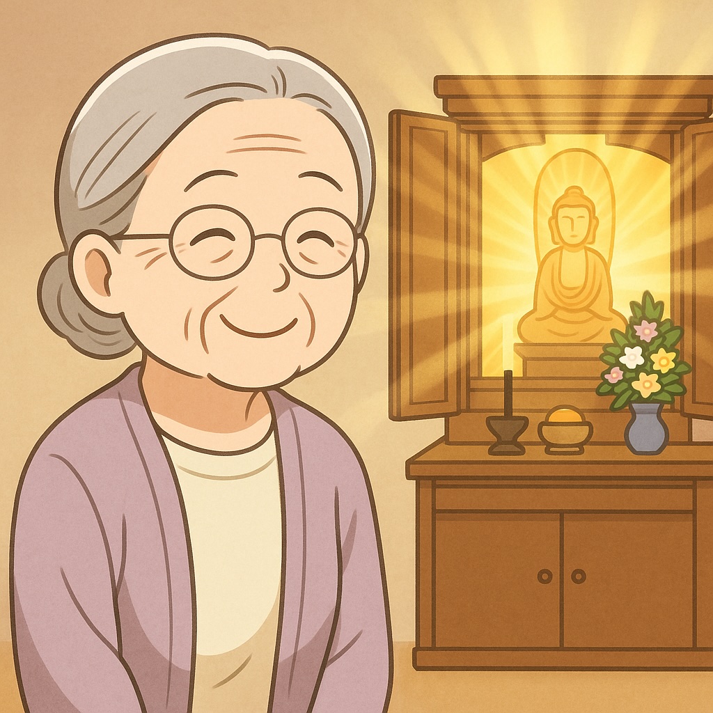光ってる仏壇の中に安置している仏様とお婆ちゃんの笑顔イラスト画像