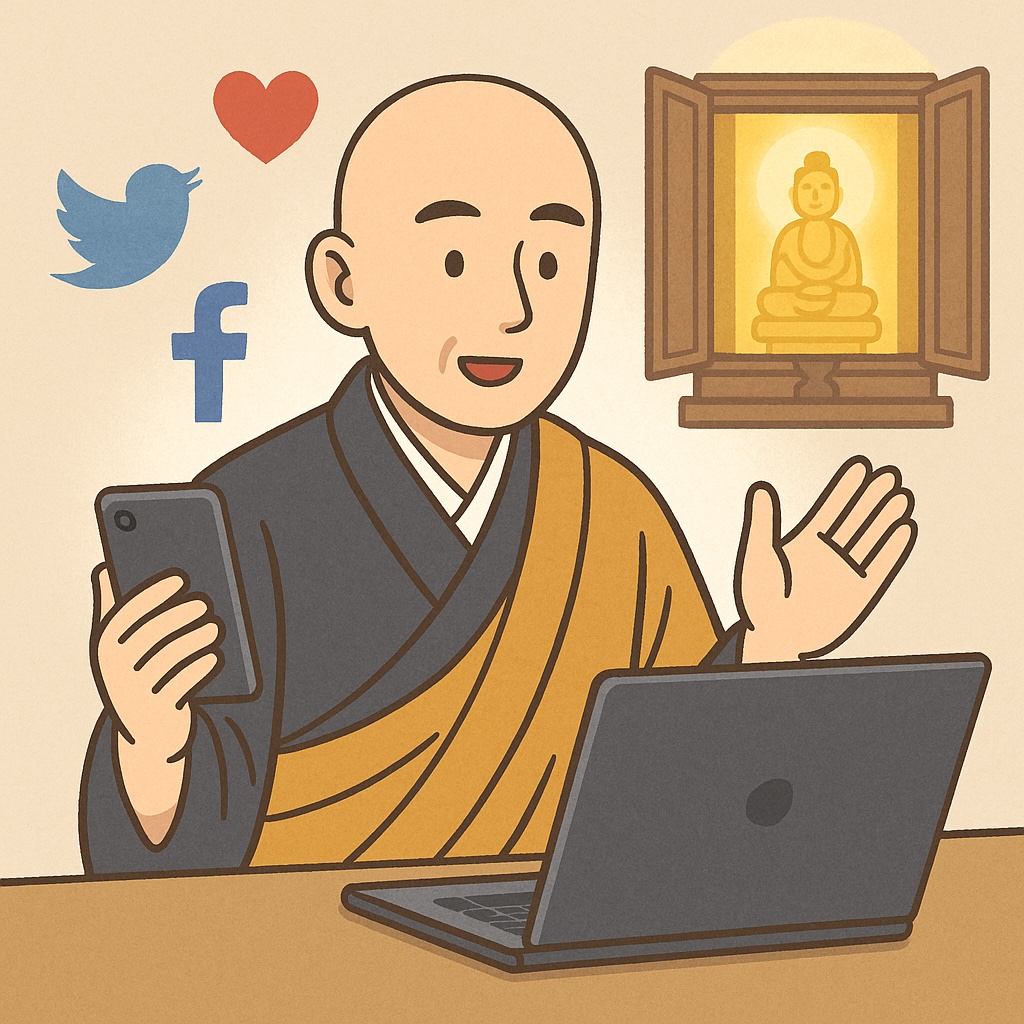 お坊さんがパソコンや携帯を使って、ブログやSNSで法話を発信しているイラスト画像
