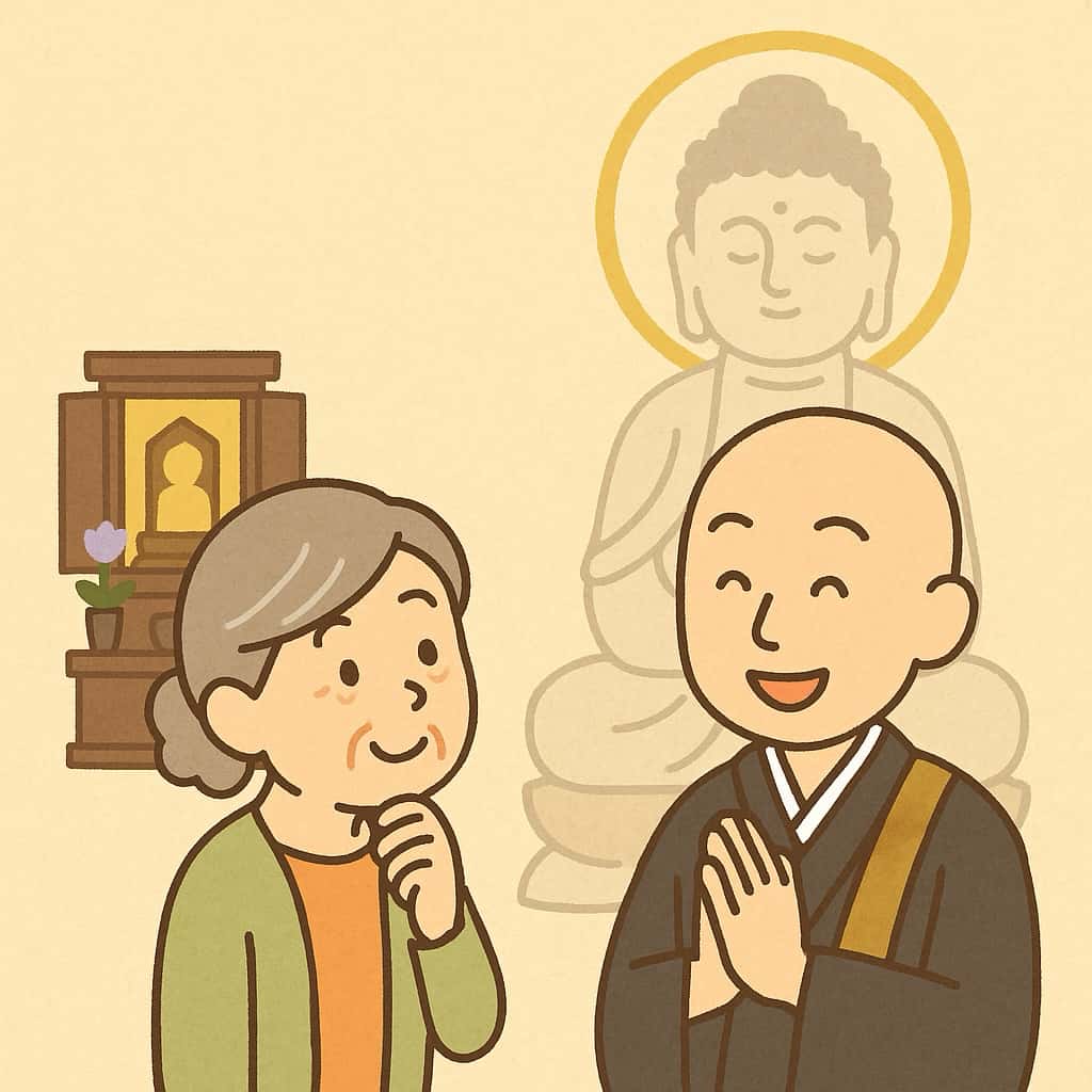 初盆法要のお坊さんとお婆さんが会話しているイラスト画像